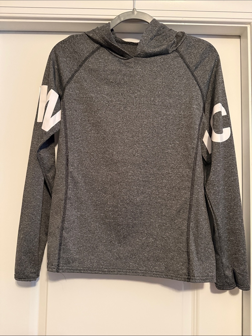 Gray Hooded Athletic Pullover with White Sleeve Lettering